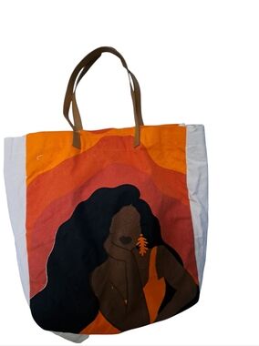 CANVAS COTTON painted woman artsy open tote bag shopper leather like handles LG